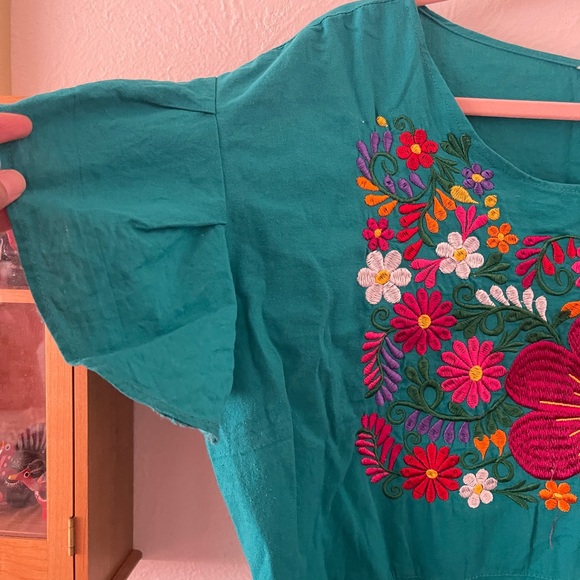 Teal Mexican Embroidered Dress, 1x/2x - Picture 3 of 7